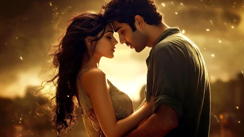 Two figures positioned in close proximity against backlit golden atmosphere