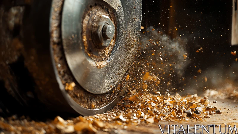Grinding wheel shattering stone fragments in warm sparks.