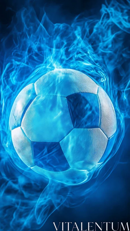 Luminous blue soccer ball burns within ethereal digital flames.
