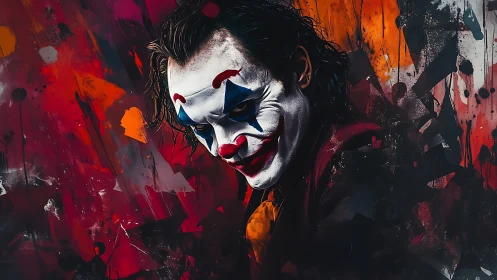 Clown portrait against abstract red and orange background.