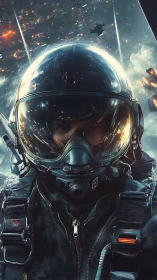 Digital cockpit portrait of futuristic combat pilot in battle zone.