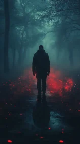 Solitary figure walks through foggy forest with red embers below