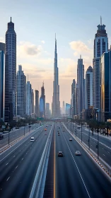 Sunlit skyscraper corridor framing central urban spire.