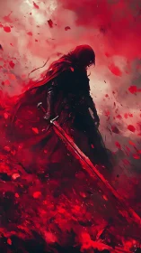 Hooded warrior stands in red storm with bloodlit sword.