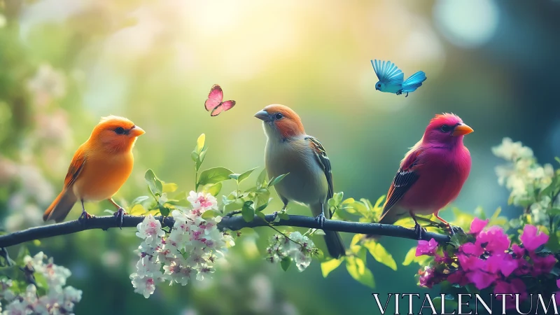 Vibrant Birds and Butterflies on a Spring Blossom Branch, Dreamy Style.