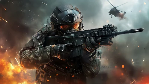 Tactical soldier aims rifle amid battlefield explosions.