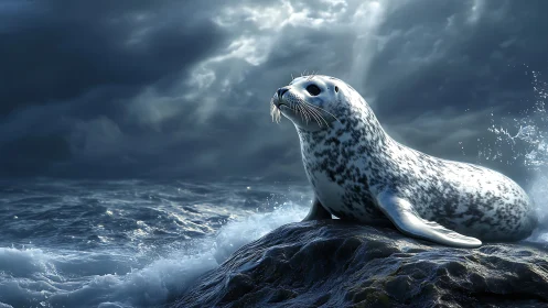 Harbor seal rests on stormlit rock amid crashing waves.