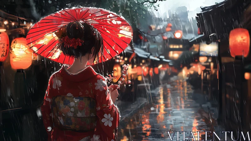 Kimono figure under red umbrella in rainy lantern street.