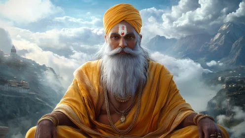 Serene mountain guru rests in golden robes above the clouds