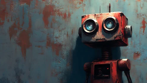 Rusty red robot gazes ahead against a weathered teal wall