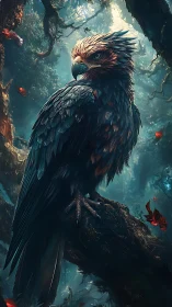Majestic forest raptor resting in a softly glowing realm.