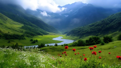 Sunlit alpine valley unfolds around a winding silver river