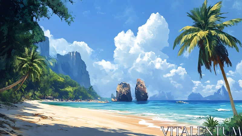 Tropical Paradise Beach with Dramatic Rock Formations.