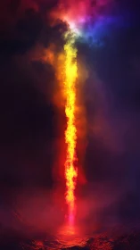 Celestial firefall pierces stormy void with neon embers.