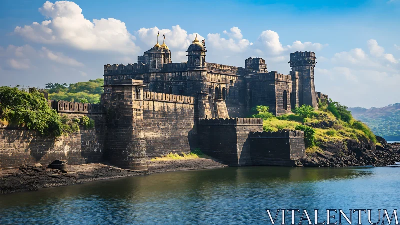 Riverside stone fortress under clear sky in crisp daylight