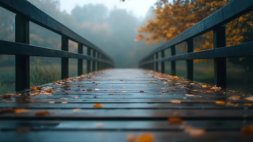 Foggy wooden bridge glistens with autumn rain and leaves.