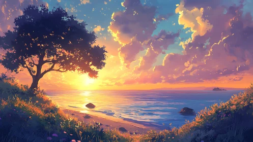 Sunset illuminates coastal tree, shoreline, and distant horizon