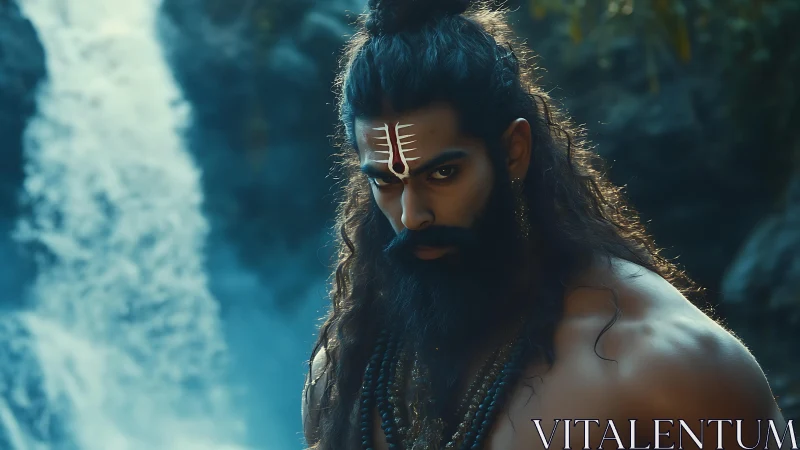 Intense warrior figure with sacred markings near waterfall.