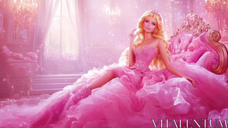 Hyper-glam pink princess portrait in ornate rococo interior