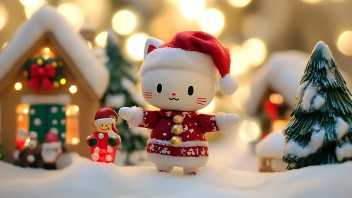 Cheerful Christmas cat figurine enjoys a snowy holiday village