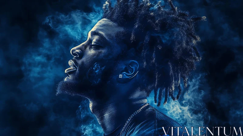 Blue-lit side profile captures contemplative mood in smoke.