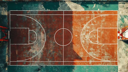Weathered outdoor basketball court captured from overhead