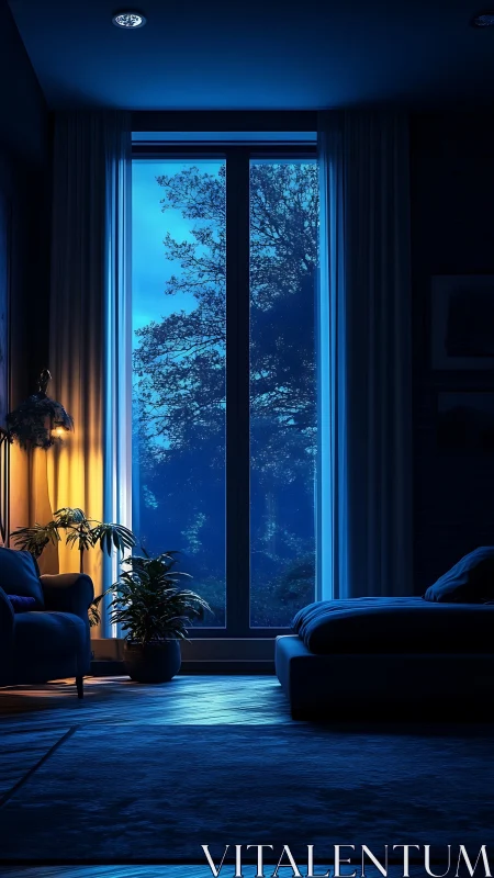 Midnight window glow in a calm, plant-filled bedroom retreat.