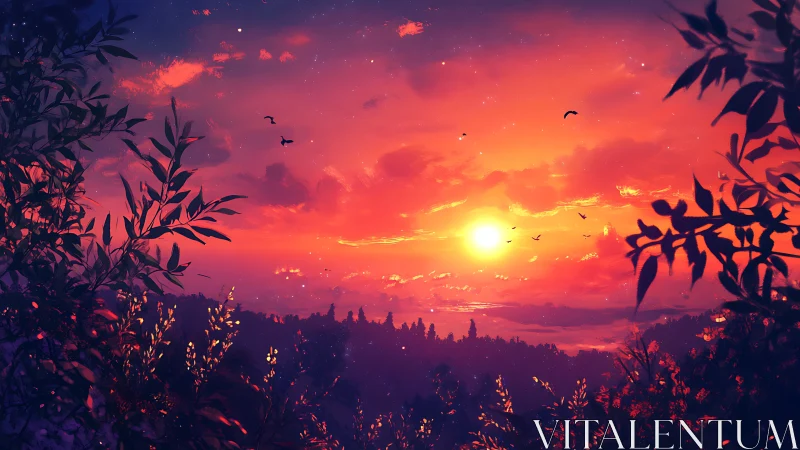 Sunset over forested hills with silhouetted foliage framing.