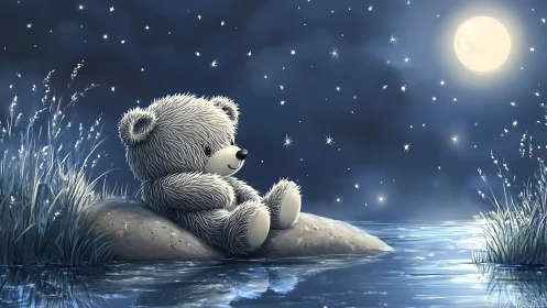 Softly lit teddy bear rests on riverside rock under full moon
