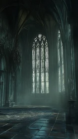 Gothic cathedral nave rendered with atmospheric volumetric lighting