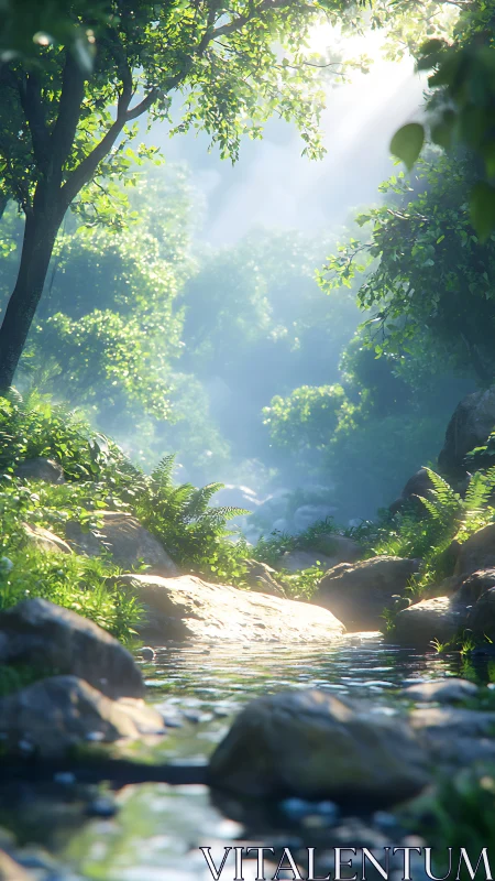 Sunlit Forest Stream Framed by Verdant Canopy and Rock Formations
