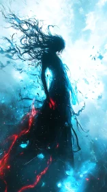 Elemental silhouette rises amid blue light and scarlet energy.