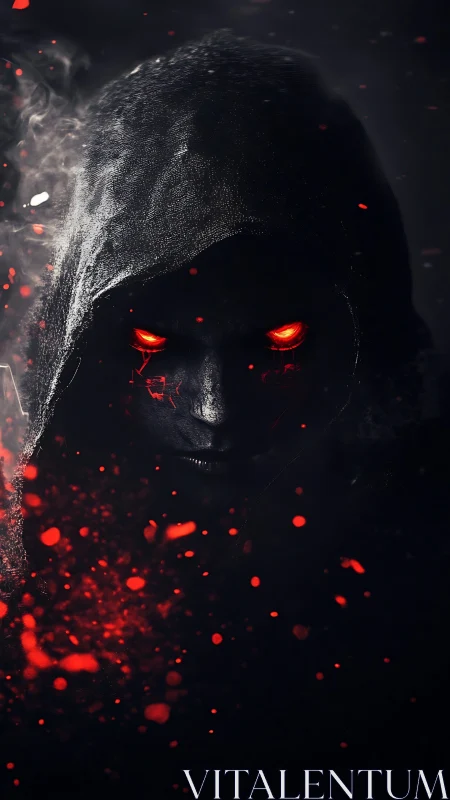 Hooded infernal figure with blazing red eyes emerging.