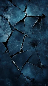 Fractured blue glass surface with radial crack geometry.