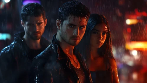 Brooding trio under neon rain in tense urban standoff.