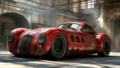 Vintage red race car resting in a sunlit industrial garage.