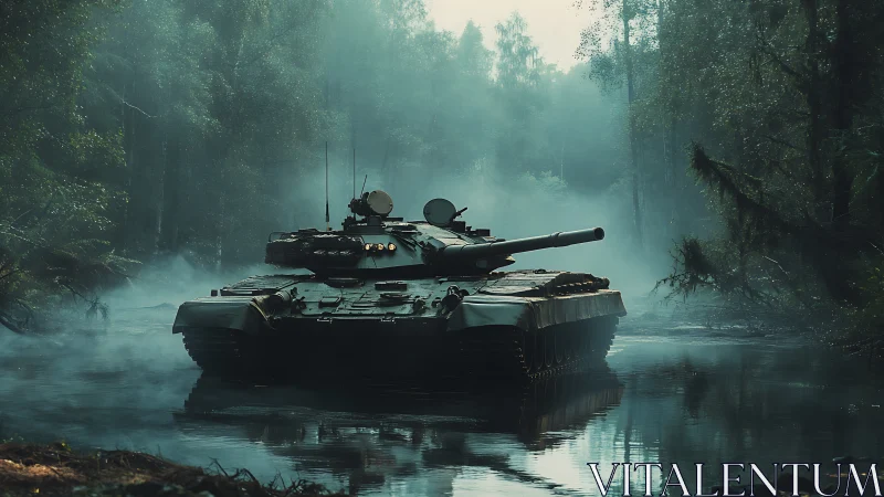 Steel beast drifting quietly through misty forest waters.