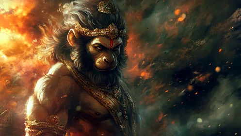 Mythic warrior ape rendered in high-contrast fiery digital painting