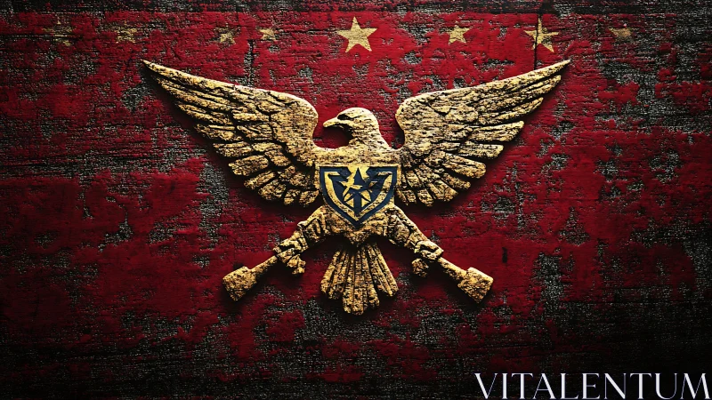 Relief eagle emblem with crossed rifles on worn red field