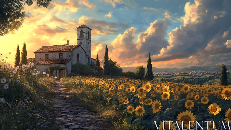 Sunlit stone farmhouse above wide rural sunflower fields.