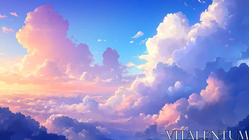 Sunset light sculpts towering pastel clouds above horizon