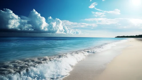 Coastal shoreline with breaking waves under cumulus clouds.
