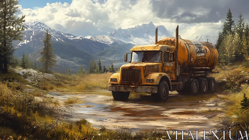 Rusty fuel tanker truck on muddy alpine forest road.