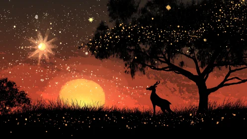 Starlit deer beneath ember dusk sky and glowing horizon.