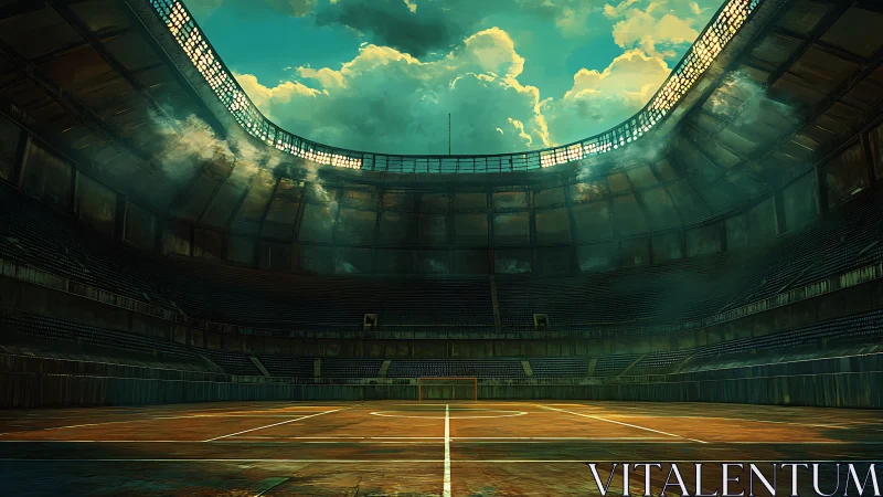 Empty indoor arena with central court under moody sky.