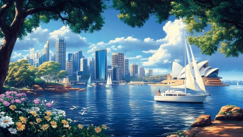 Sunlit harbor skyline with sailboats and stylized reflective water