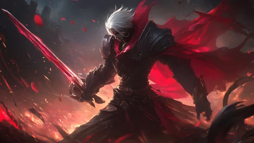 Crimson-energized dark knight amidst incendiary battlefield chaos.