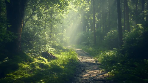 Sunlit forest path with lush greenery and tranquil morning light.