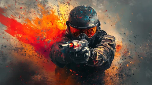 Paint-splashed trooper erupts forward in blazing digital fury