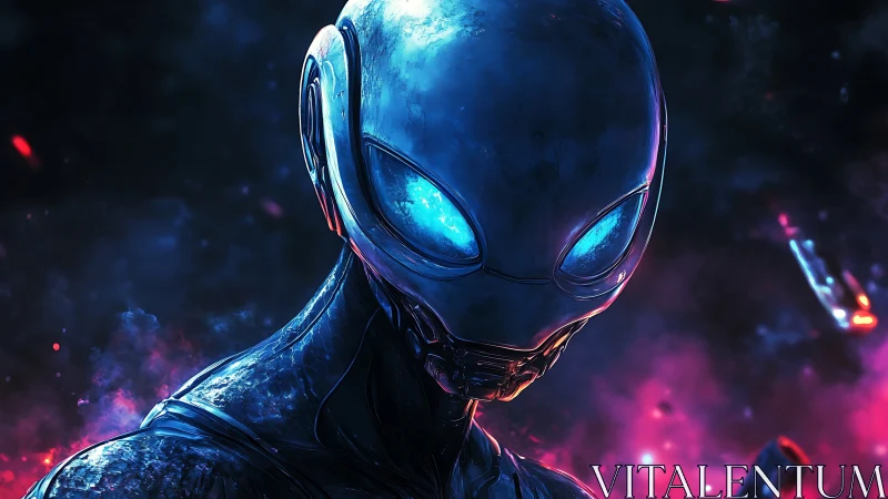 Starlit cyber alien sentinel in electric nebula glow.